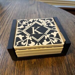 Monogram K Black and Cream Decorative Tile Coaster Set
